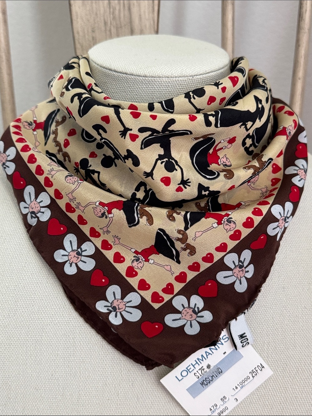 Vtg 2001 Moschino Silk Scarf Olive Oyl Hearts & Daisies NWT 19"